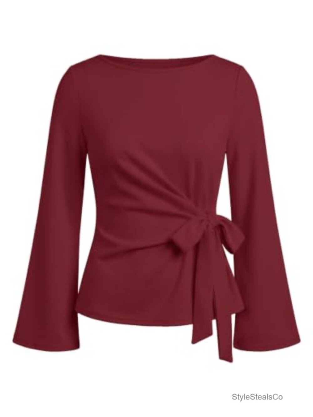 Long Sleeve Bell Sleeve Tie Front Wrap Blouse Cinched Waist Top